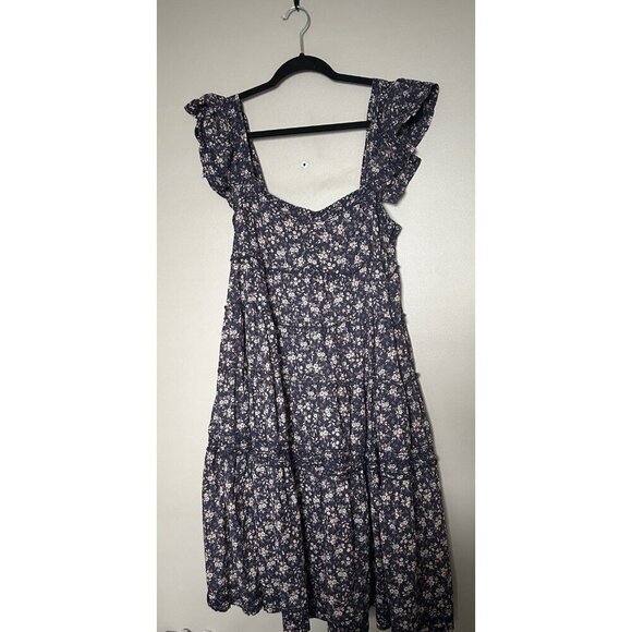 Navy Floral Tiered Ruffle Flower Flutter Sleeve Wedding Guest Short Dress Large - Picture 1 of 7